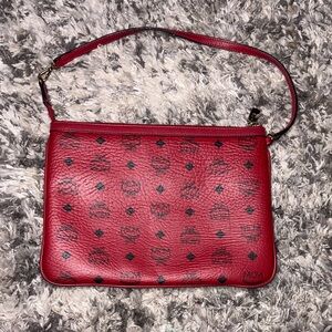 MCM Red Leather Logo-Print Wristlet